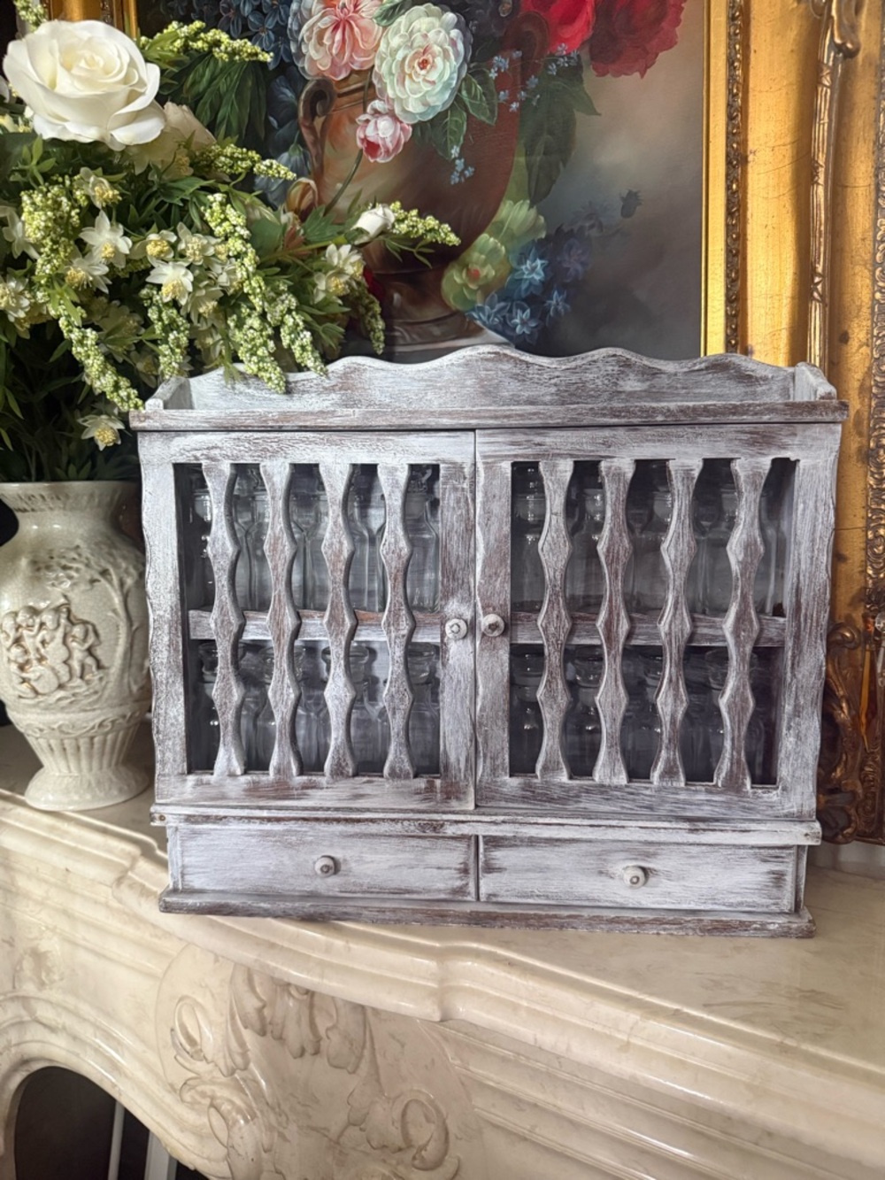 Distressed Wooden Spice Shelf with spice jars